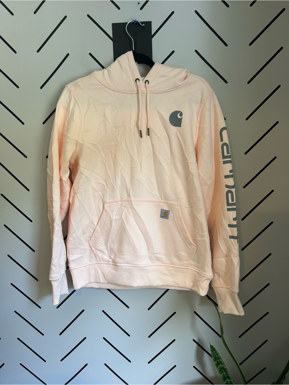 NWOT light peach Carhartt women's pullover hoodie arm script relaxed fit